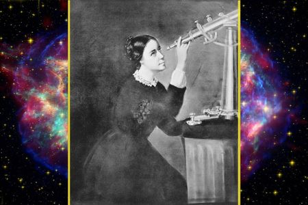 Illustration made using an 1851 portrait of Mitchell by H. Dassell and a false-color image of supernova remnant Cassiopeia A by NASA.