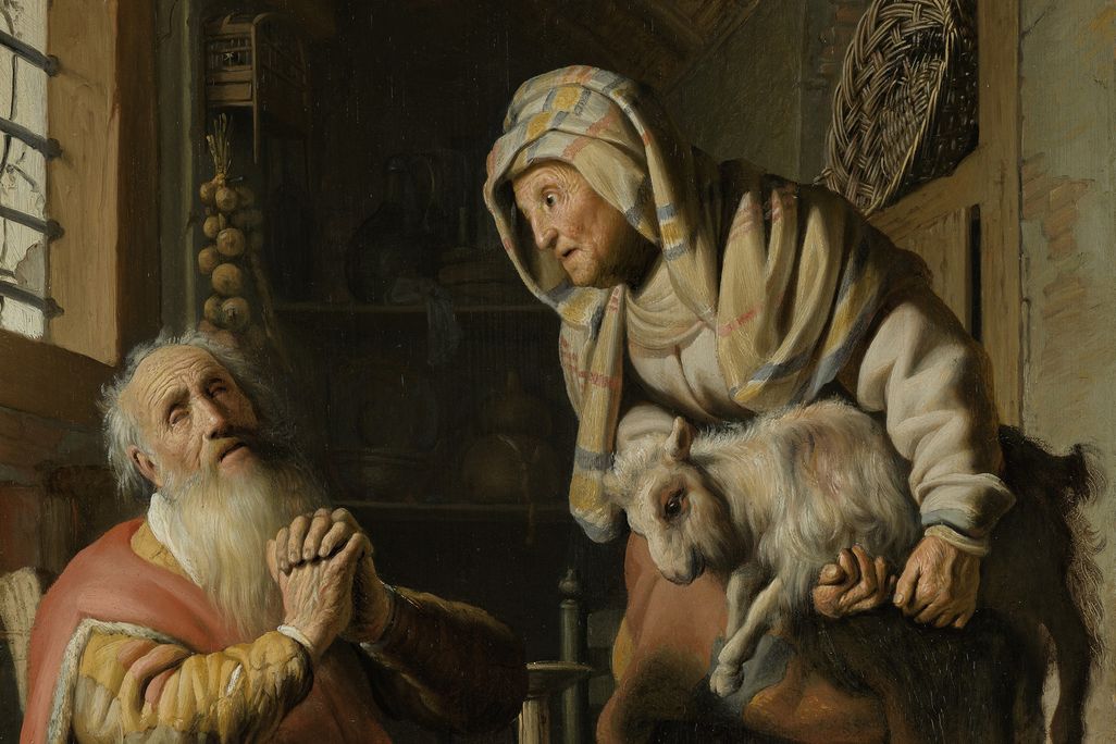 A painting of an elderly man praying while a woman speaks to him, holding a baby goat
