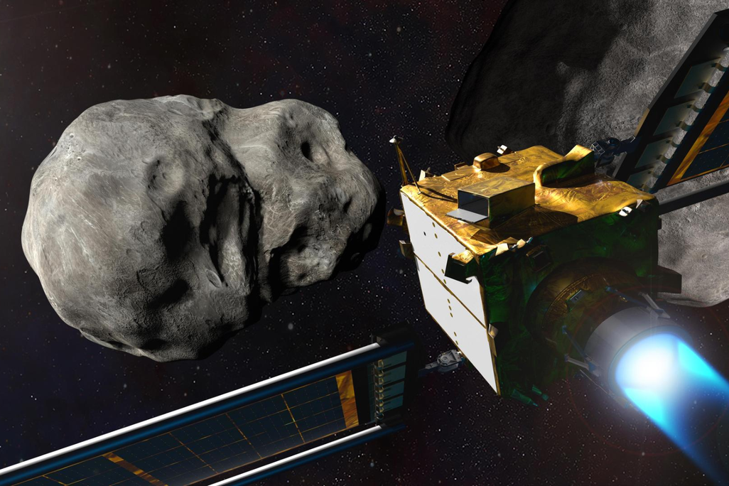 An artistic rendering of NASA's DART spacecraft approaching Dimorphos.