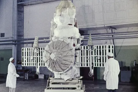 Workers prepare Venera 4, a Soviet space probe, for its flight to Venus' atmosphere in 1967.