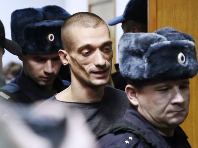 Dissident artist Pyotr Pavlensky appears at Moscow's Tagansky District Court on suspicion of vandalism.