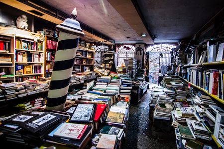 A gondola, piled high with books, sits in the middle of the shop.