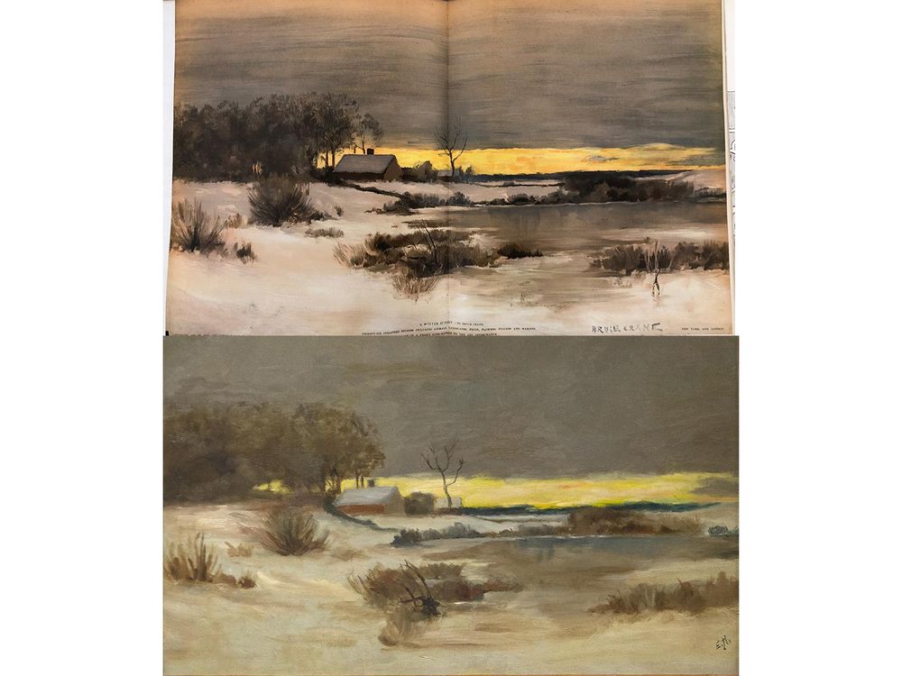 On top, the instructional image has a fold in the center where it fit into the magazine; a yellow streak of sunset, gray clouds; and a farmhouse; the same image is virtually the same, although less crisply defined, in Hopper's oil painting below