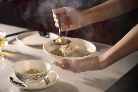 A bowl of shark fin soup, which is sometimes made with meat from protected species of sharks 