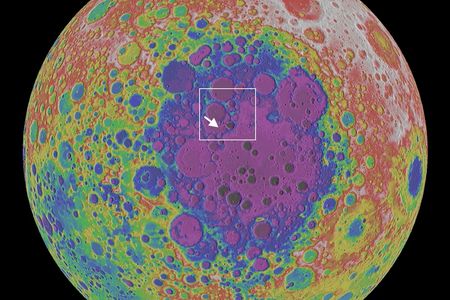 Map of the South Pole-Aitken (SPA) basin on the far side of the Moon. This view is an orthographic projection centered on 56 S, 180 E, the center of the basin. Colors represent different elevations, with white being highest and dark grey the lowest. The basin is about 2,600 km across and over 13 km deep. The white box outlines the area shown in the photo at the bottom of the page; the arrow indicates the proposed Chang’E-4 landing site.