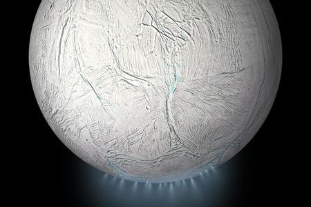 An artist's rendering of gaseous plumes emanating from the southern pole of Enceladus.
