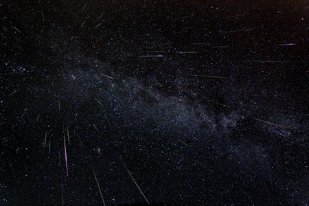 A long-exposure of Perseids taken in August 2004.
