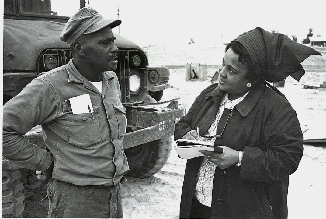 Ethel Payne on assignment in Vietnam in 1967, interviewing a soldier from Chesapeake, Virginia.