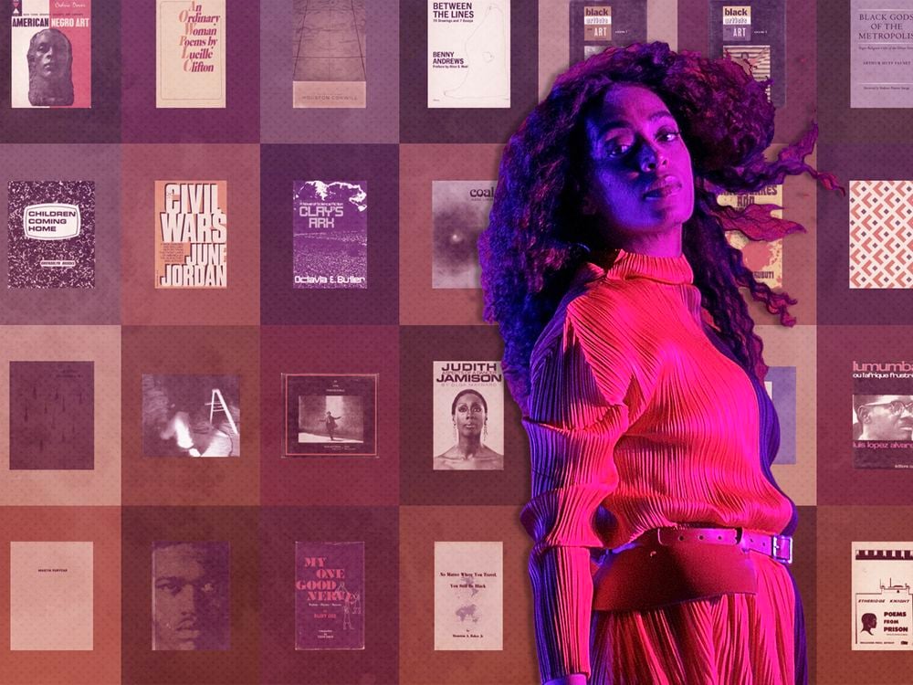 A composite image of Solange performing, bathed in red and purple light, in front of a collage of book covers available for rent