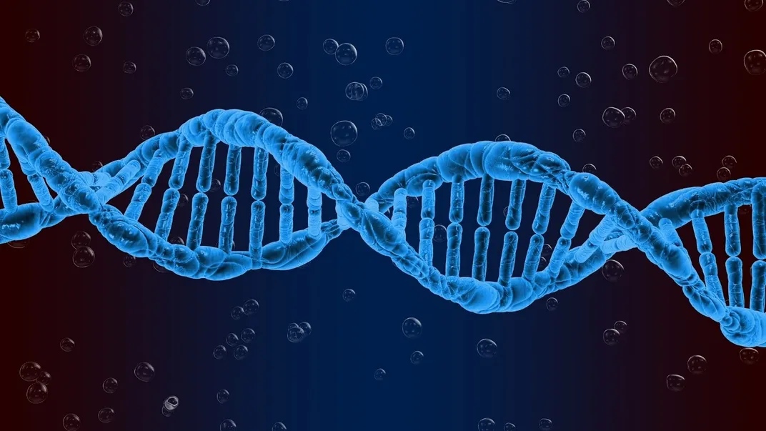 Digital design of a blue double helix DNA strand surrounded by clear bubbles.