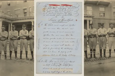 The rediscovered 1857 “Laws of Base Ball,” dubbed the sport’s Magna Carta, (above, with a 1911 image of the Brooklyn Baseball Club) makes its first appearance in a major exhibition at the Library of Congress. 