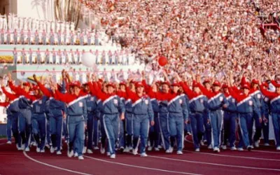 The 1984 U.S. Olympic team march into the Los Angeles Coliseum during the opening ceremony for the 1984 Summer Olympics.