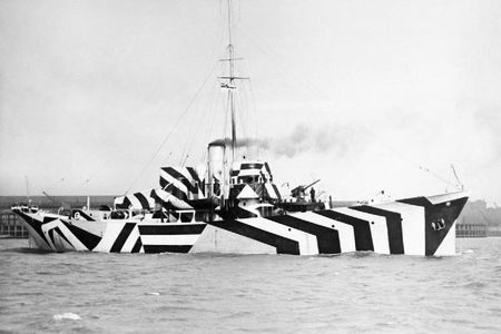 Photograph of British Kil class patrol gunboat HMS Kildangan painted in dazzle camouflage.