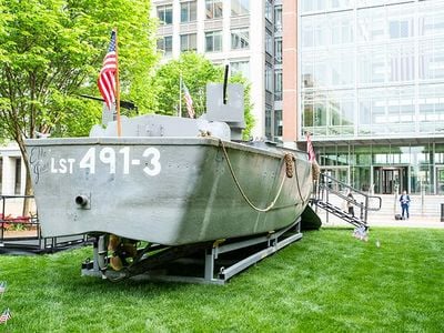 One of a handful of surviving Higgins boats is on display outside of the U.S. Patent and Trademark Office headquarters and National Inventors Hall of Fame Museum in Alexandria, Virginia.