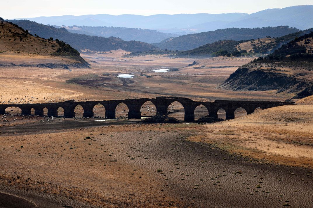 View of the dried-up Guadiana River in Extremadura, Spain, on August 16, 2022