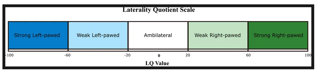 numerical scale showing "strong left-paw" to "strong right-paw"