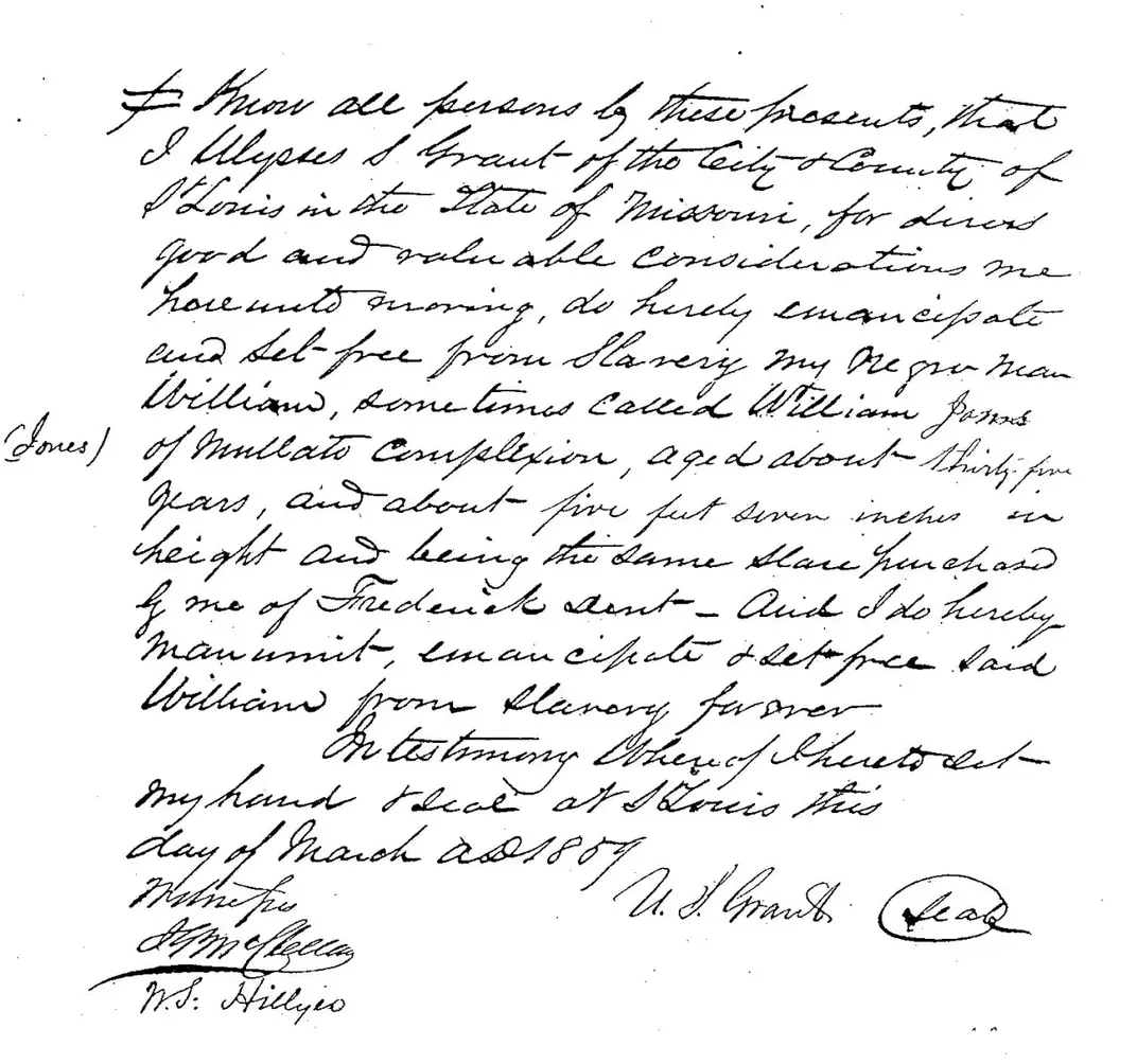 Manumission document for William Jones, written in Ulysses S. Grant’s handwriting on March 29, 1859