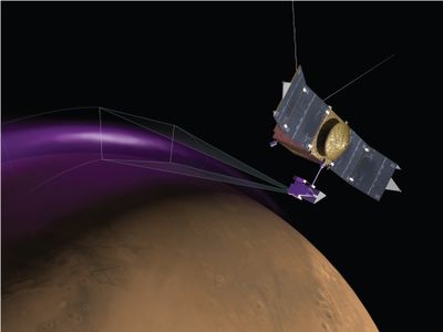 An artists conception of NASA's MAVEN spacecraft observing the aurora on Mars