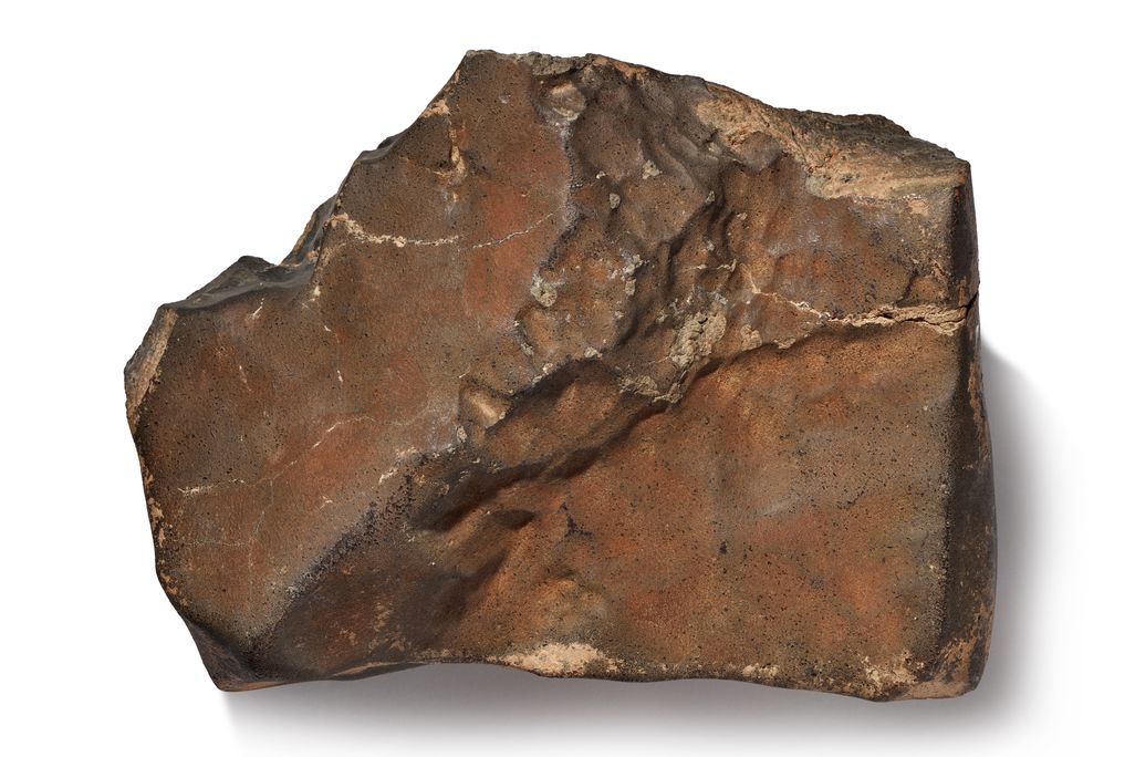 Large chunk of reddish-brown rock against white background