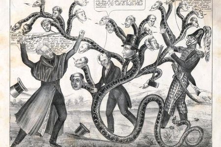 In 1836, both camps in the so-called Bank War—supporters of U.S. president Andrew Jackson, and supporters of the Second Bank of the United States president Nicholas Biddle—lobbed accusations of conspiracy to sway Americans to their sides. 