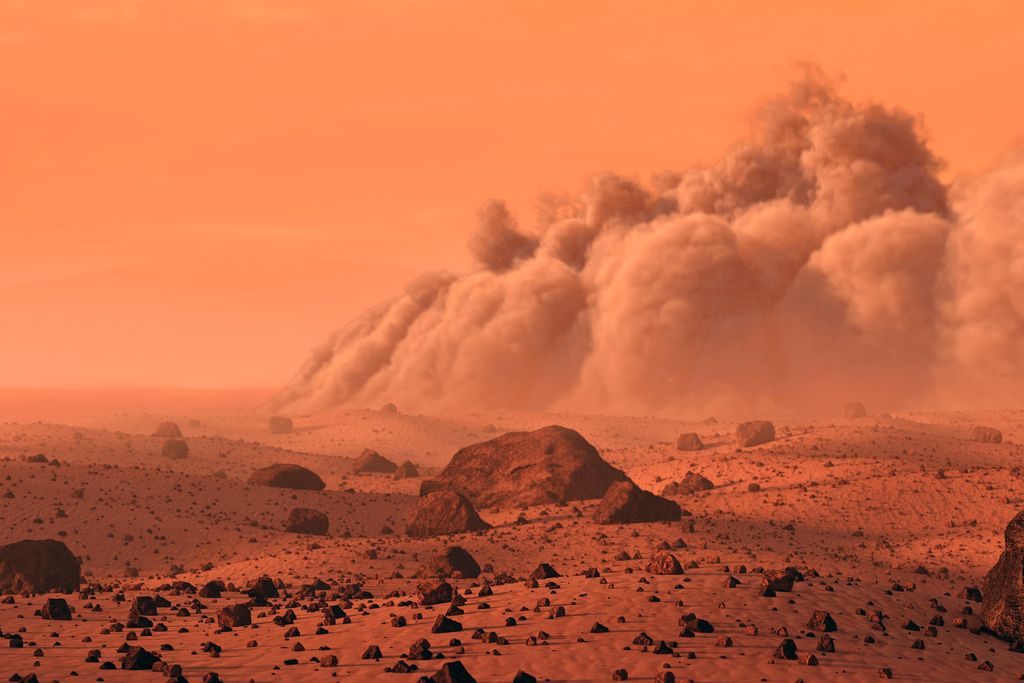 An auburn-colored ominous Martian landscape with a dust cloud rolling in.