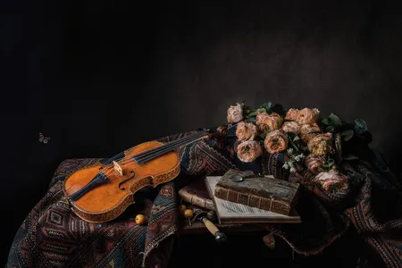 The &ldquo;Ole Bull&rdquo; Stradivarius, made in 1687, photographed with flowers and props reminiscent of a Dutch still life from the period.