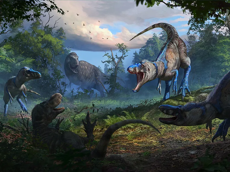 a crowd of tyrannosaurs encircles one juvenile T. rex lying on the ground