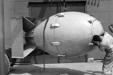 Workers prepare the Fat Man, the implosion bomb that was dropped on Nagasaki in August 1945.