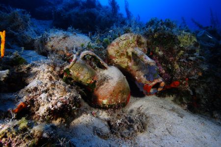 Amphora that were cargo of a ship that sank in the Greek archipelago of Fourni