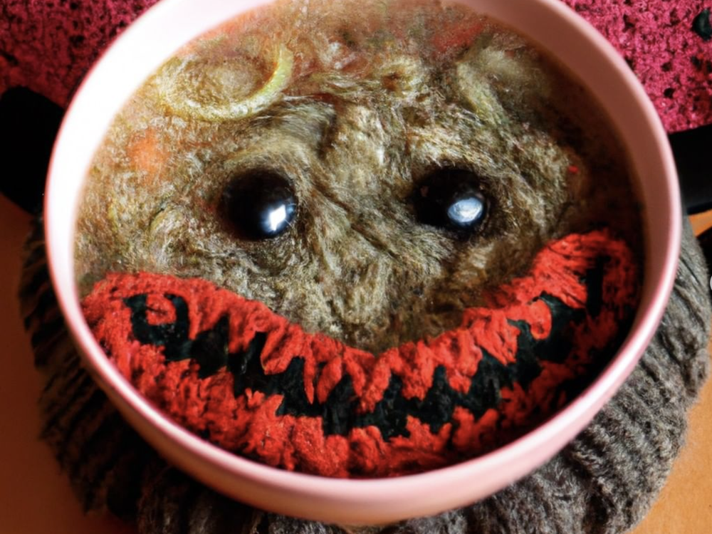 A soup bowl monster made of yarn, created by DALL-E