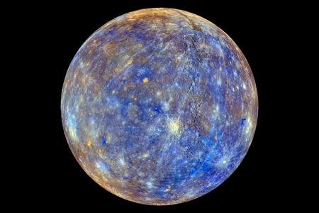 A false color view of Mercury that enhances the chemical, mineralogical and physical differences between the rocks on the planet's surface