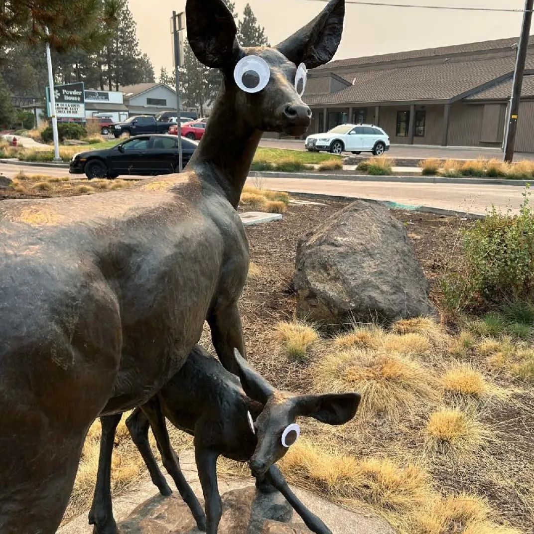 Sculptures of deer with googly eyes