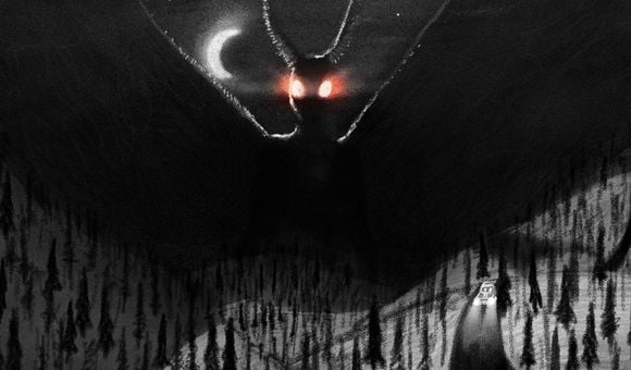 Digital illustration of a large mothlike figure, flying above a forested area and a single car driving down a road at nights. Its eyes are glowing red.