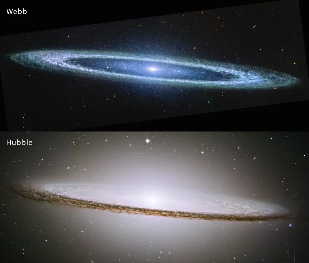 Sombrero Galaxy in mid-infrared light (top) and visible light (bottom)
