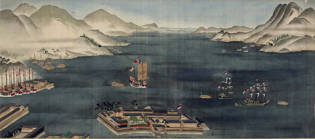 View of Dejima, an artificial island off of Nagasaki that housed Dutch traders during the Tokugawa shogunate