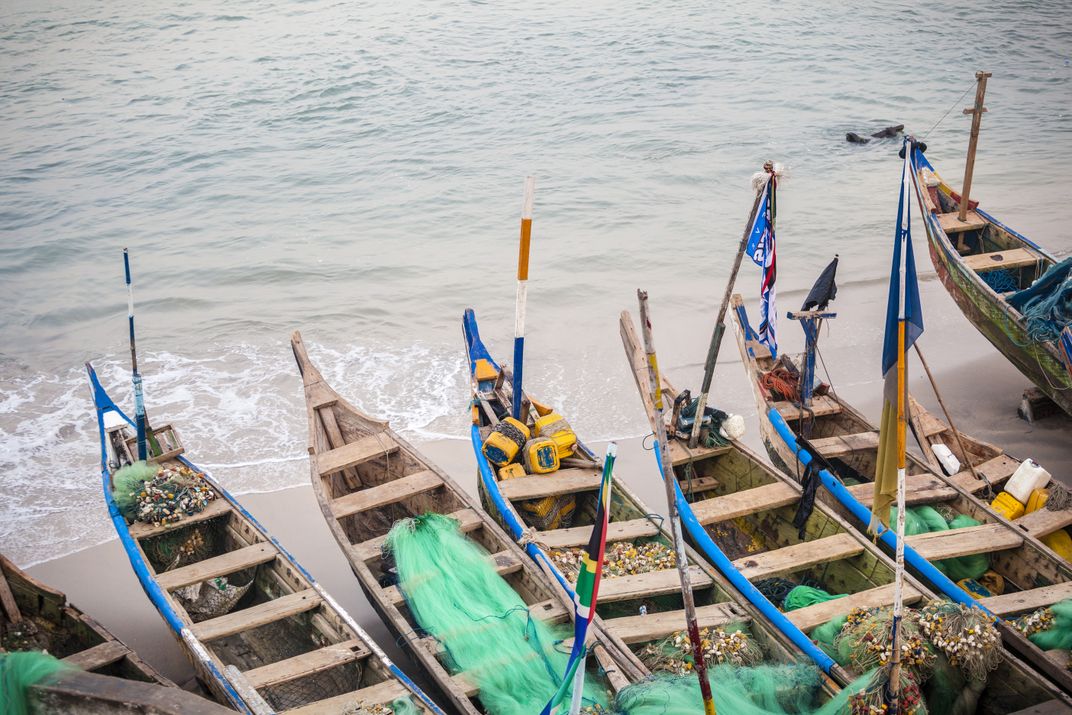 Fishing pirogues docked at Cape Coast, Ghana