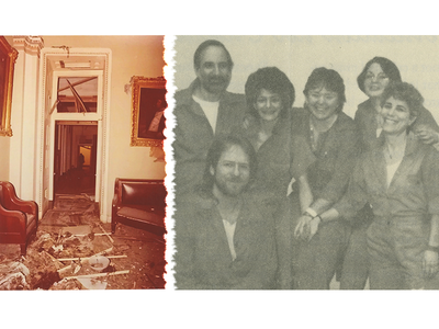 Left, part of the U.S. Capitol's north wing after a M19 bomb damaged it in 1983. Right, an image from a sympathetic pamphlet reading "Resistance is not a Crime! Stop the Political Show Trial!" showing core members of M19 (left to right, Alan Berkman, Tim Blunk, Susan Rosenberg, Linda Sue Evans, Marilyn Buck, Laura Whitehorn) in prison.