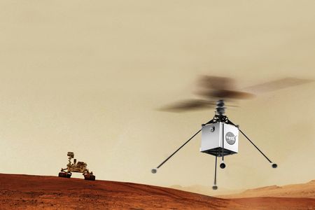 The Mars Helicopter, as shown in this artist’s conception, could pave the way for aerial reconnaissance of the Red Planet, exploring areas inaccessible to astronauts and rovers.