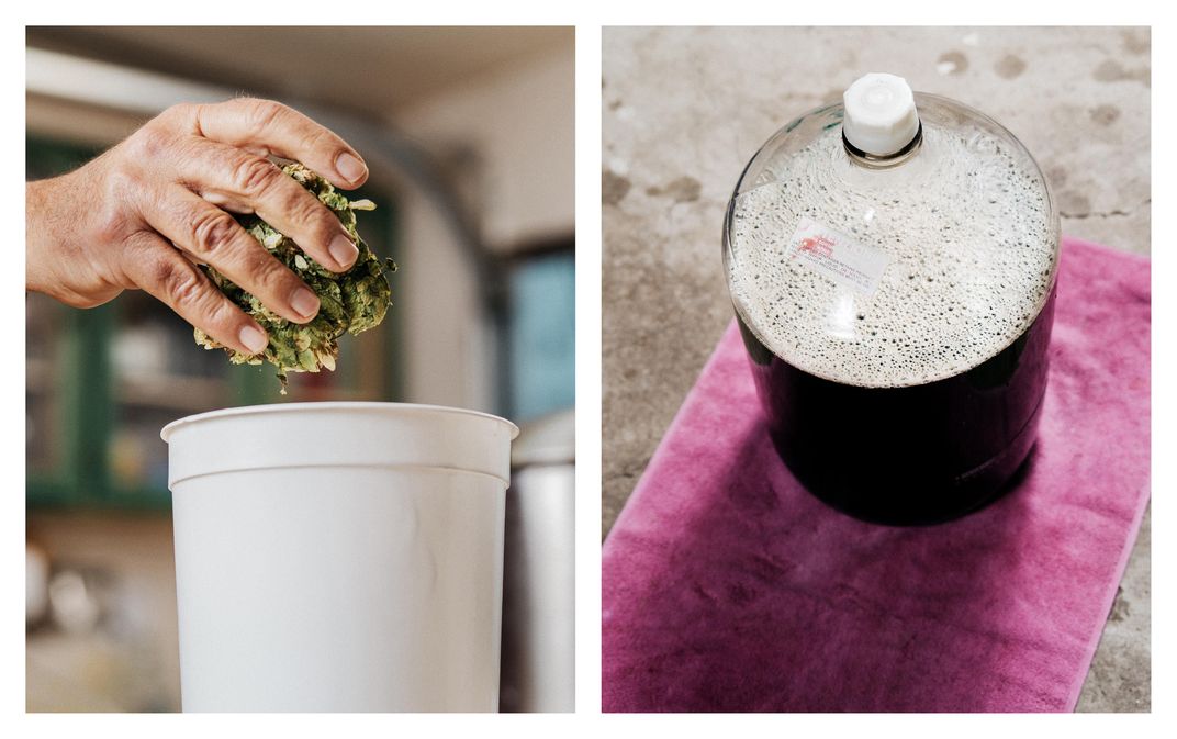 Left, a measured handful of hops taken from his garden, which is added to the wort; Right, a carboy filled with stout wort, which will ferment for a week or more. 