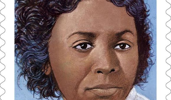 An illustration of a stamp featuring the face of Edmonia Lewis