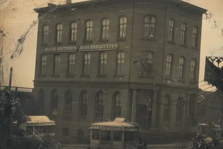 The Meade brothers worked above a bank in this Williamsburg building in Brooklyn before moving into Manhattan. Half-plate daguerreotype by Meade Brothers Studio, circa 1853.