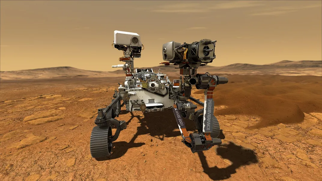Illustration of robot on red sandy surface