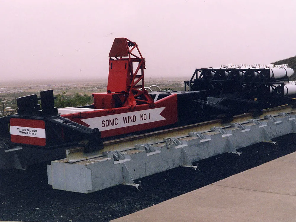 The Sonic Wind 1 rocket sled, which was powered by nine solid fuel rockets with 40,000 pounds total thrust for five seconds. Credit: Smithsonian’s National Air and Space Museum