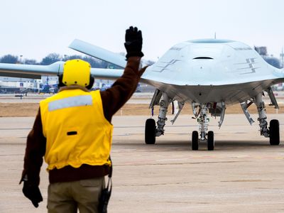 Boeing conducts an MQ-25 deck handling demonstration at its facility in St. Louis. The U.S. Navy intends to procure eight of the carrier-based drones by 2024.