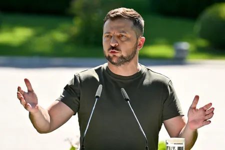 Ukrainian President Volodymyr Zelenskyy speaking in July
