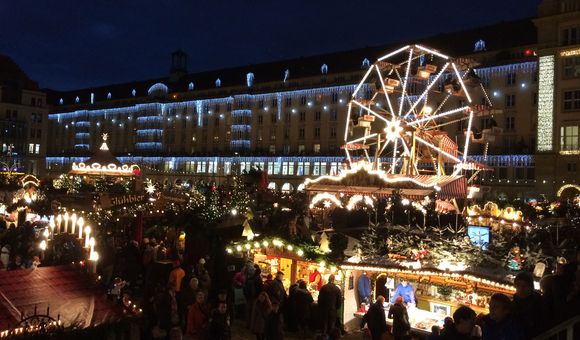 Bright lights and large crowds were ever-present at the Weihnachtsmarkt in Dresden, Germany, 2014. (Photo by Pete Reiniger)