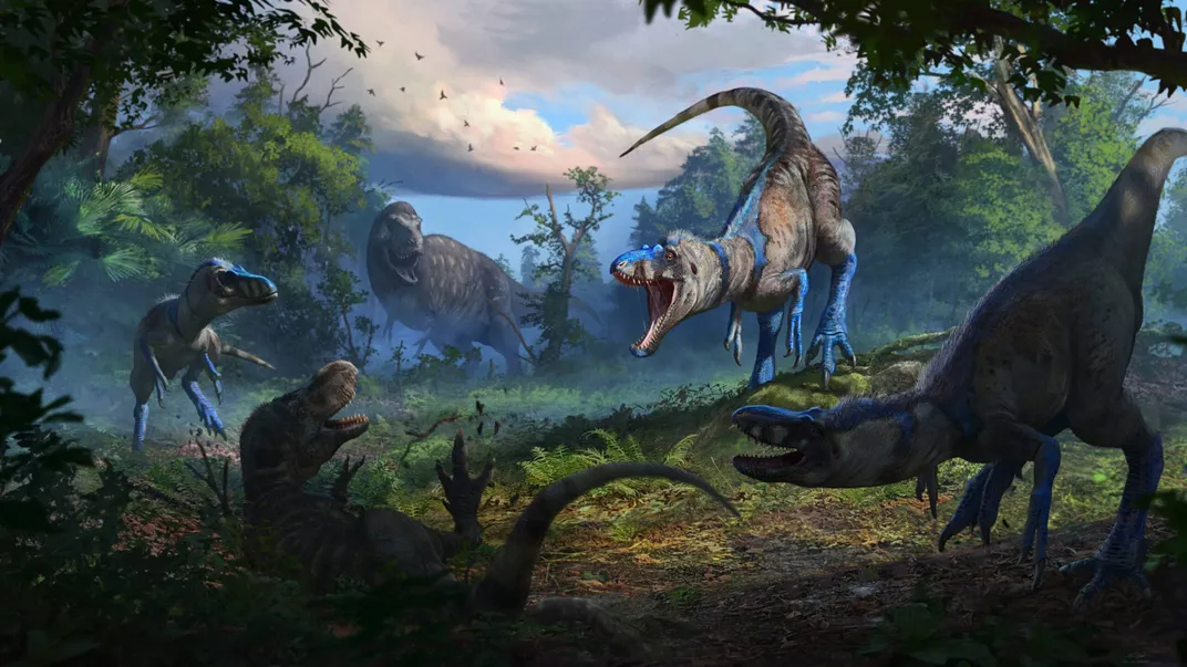 illustration of tyrannosaurs surrounding another that's on the ground