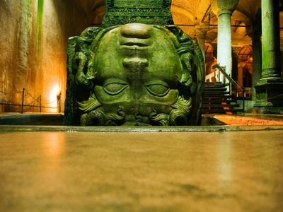 In an eerie green hue, this upside-down Medusa head threatens to turn onlookers to stone. The color seems to come partly from a slick covering of algae.