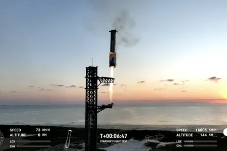 The Super Heavy booster returning to the launch tower.