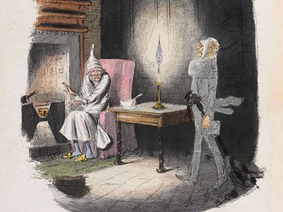 Boo! Telling ghost stories on Christmas was a tradition for hundreds of years. Here, Marley's ghost surprises Ebenezer Scrooge in an illustration from the first edition of the classic tale.